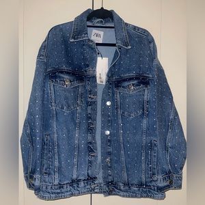 Zara Oversize Denim Jacket Size S-M Denim blue with iridescent rhinestones